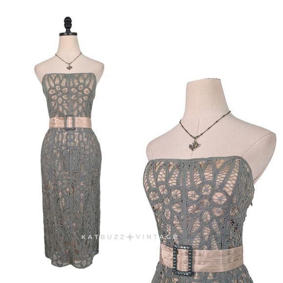 Betsey Johnson Dresses & Skirts - Vintage Betsey Johnson Midi Dress 10 Green 90s Y2K Crochet Lace Grunge Strapless